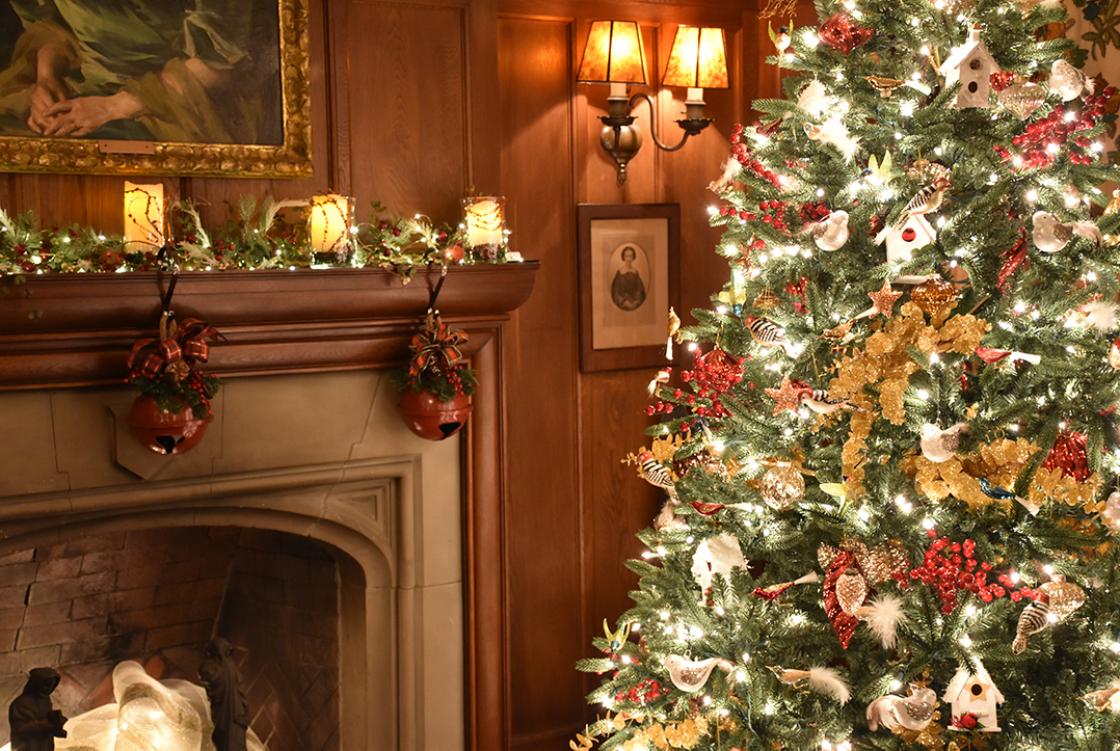 Photograph of the Cranbrook House & Gardens Auxiliary tree in the Cranbrook House Reception Hall during Holiday Splendor 2018.