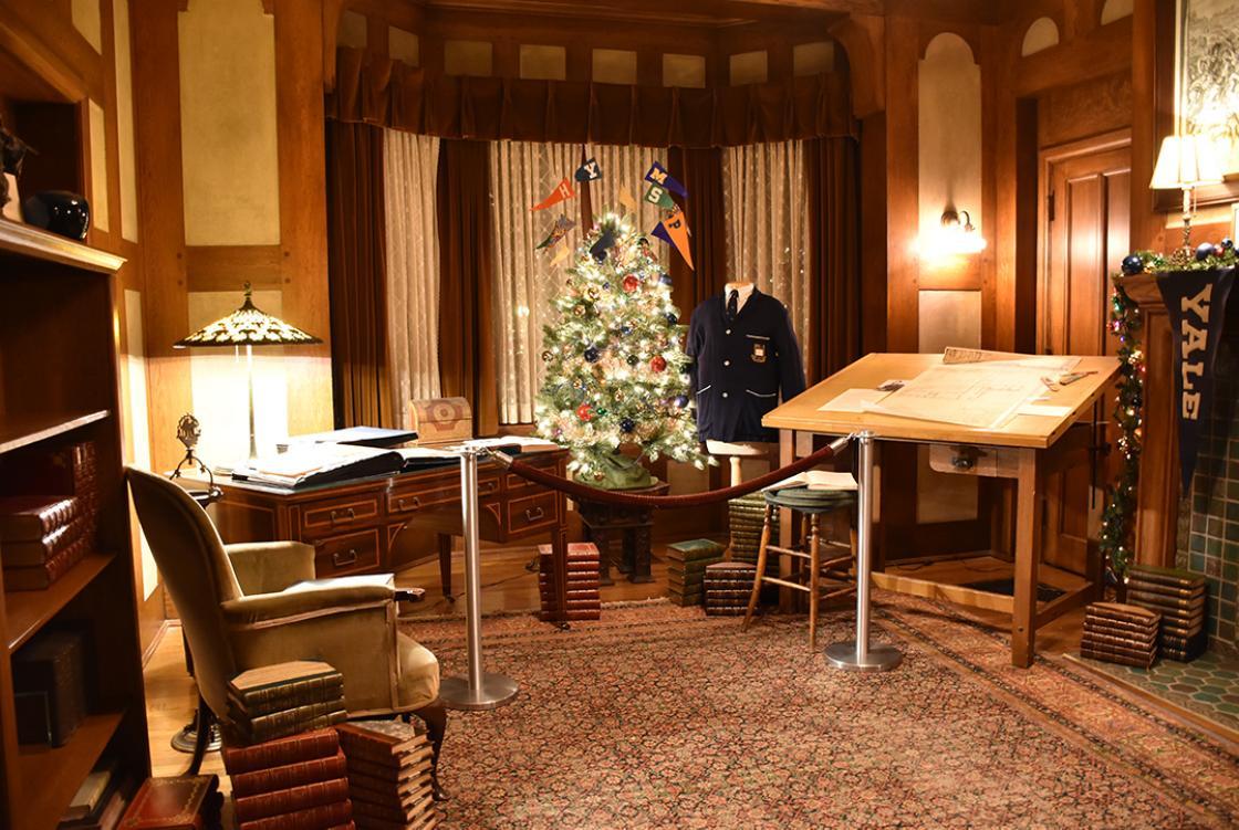 Cranbrook Center for Collections and Research display “Cranbrook Sons Head Off to School” for Holiday Splendor at Cranbrook House, December 2018. Photograph by Eric Franchy. Cranbrook House and Gardens Auxiliary.
