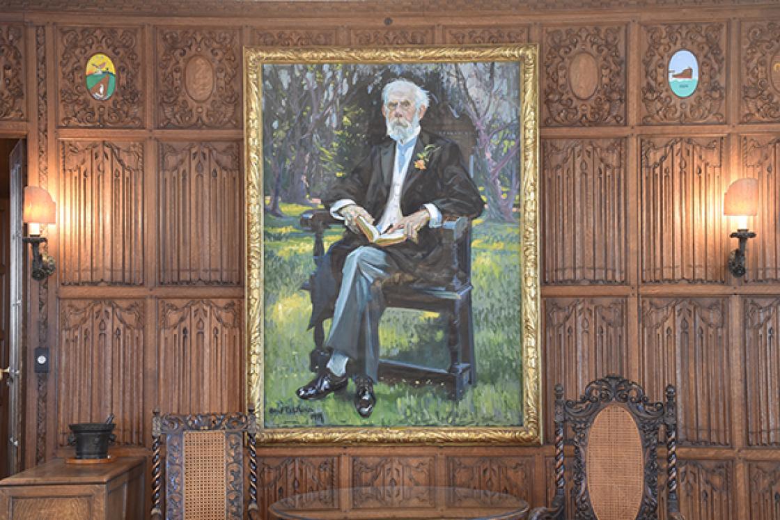 Photograph of a portrait of Henry Wood Booth in the Oak Room.