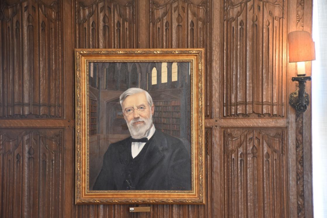 Photograph of a portrait of James Scripps in the Cranbrook House Oak Room.