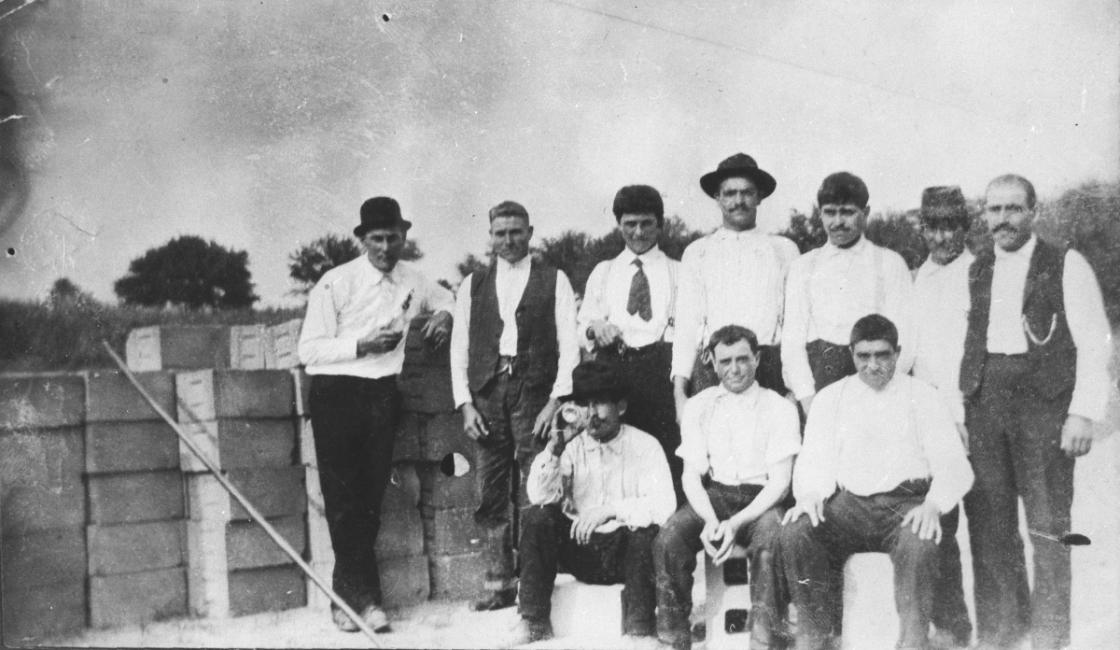 5)	Cranbrook House Staff, standing (from left): Antonio Soave, Giuseppe Vettraino, ? Angelosanto, Michael Vettraino, Vincenzo Fragnoli, Felix Angelosanto, Marco DiPonio.  Seated: Vincenzo Roncone, unidentified man, Gaetano Vettraino, circa 1906. 